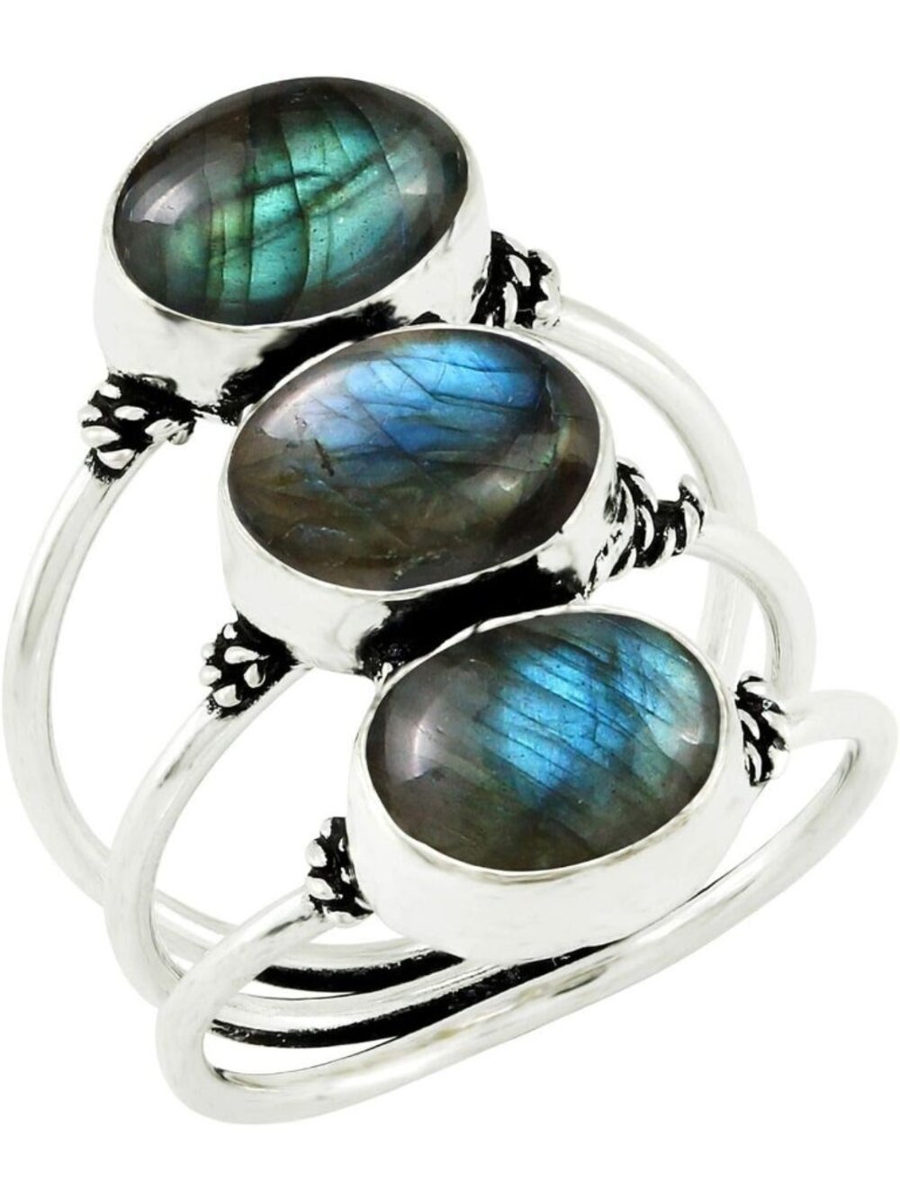 Natural Oval Triple Gemstone Silver Plated Ring - Elegant Three Band Design
